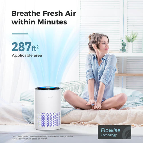 MK01 White Air Purifier for Bedroom & Office - Effective Smoke, Pollen, Dander & Odor Removal with Sleep Mode & Speed Control - California Approved